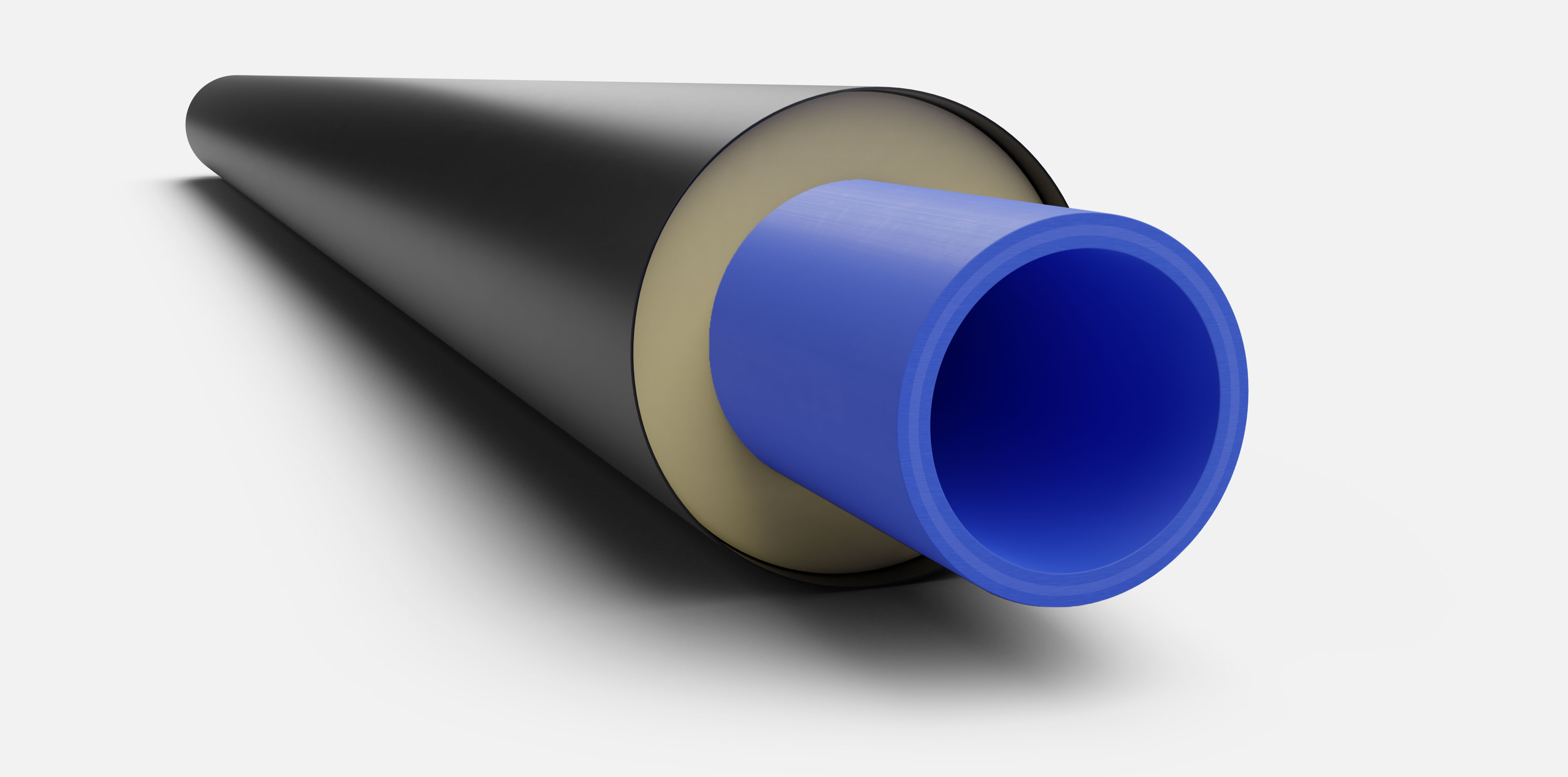 CGI Bild. Vorisoliertes PP-Rohrsystem. aquatherm blue. Faserverbundrohr weißer Hintergrund